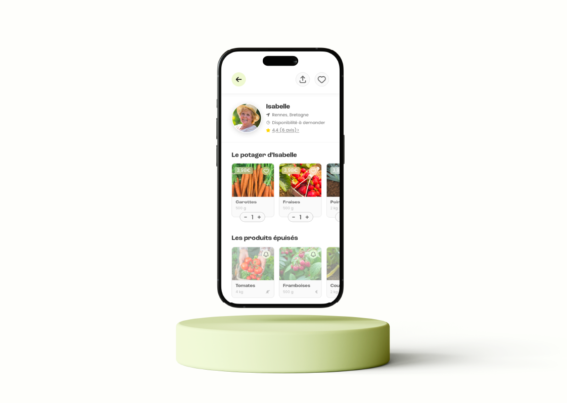 Mockup de la page profil d'un producteur dans l'application Potageo.