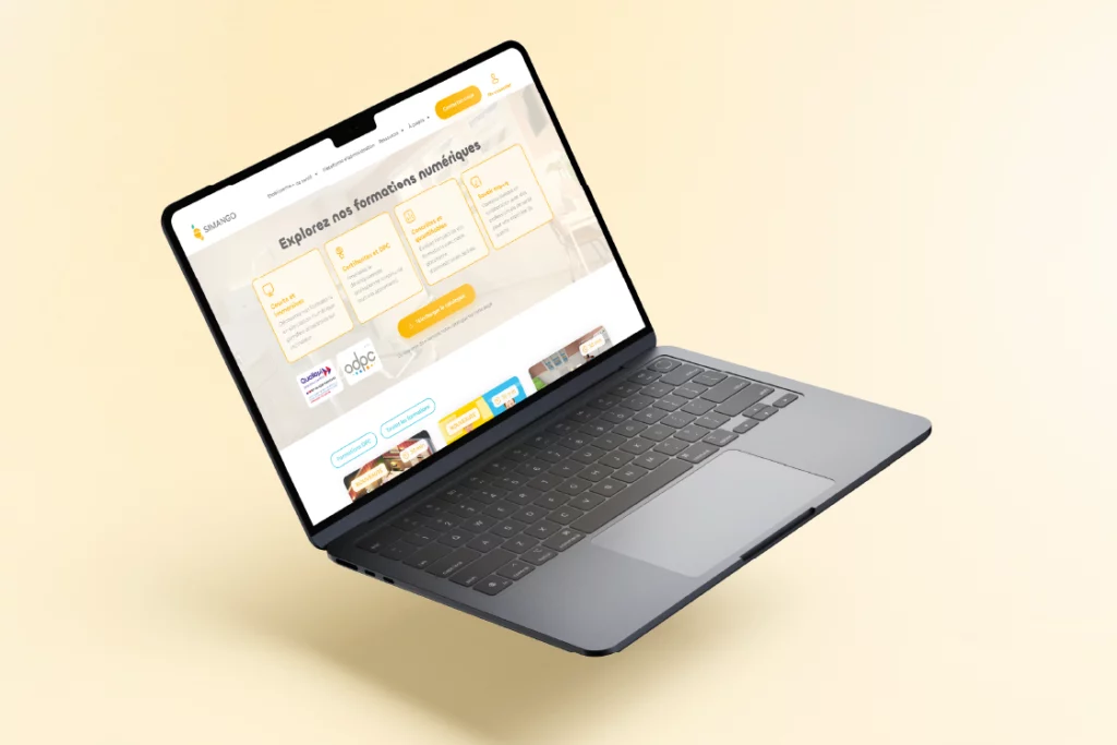 Mockup de la page du catalogue de formations du site Simango, avec une présentation claire et engageante des programmes.