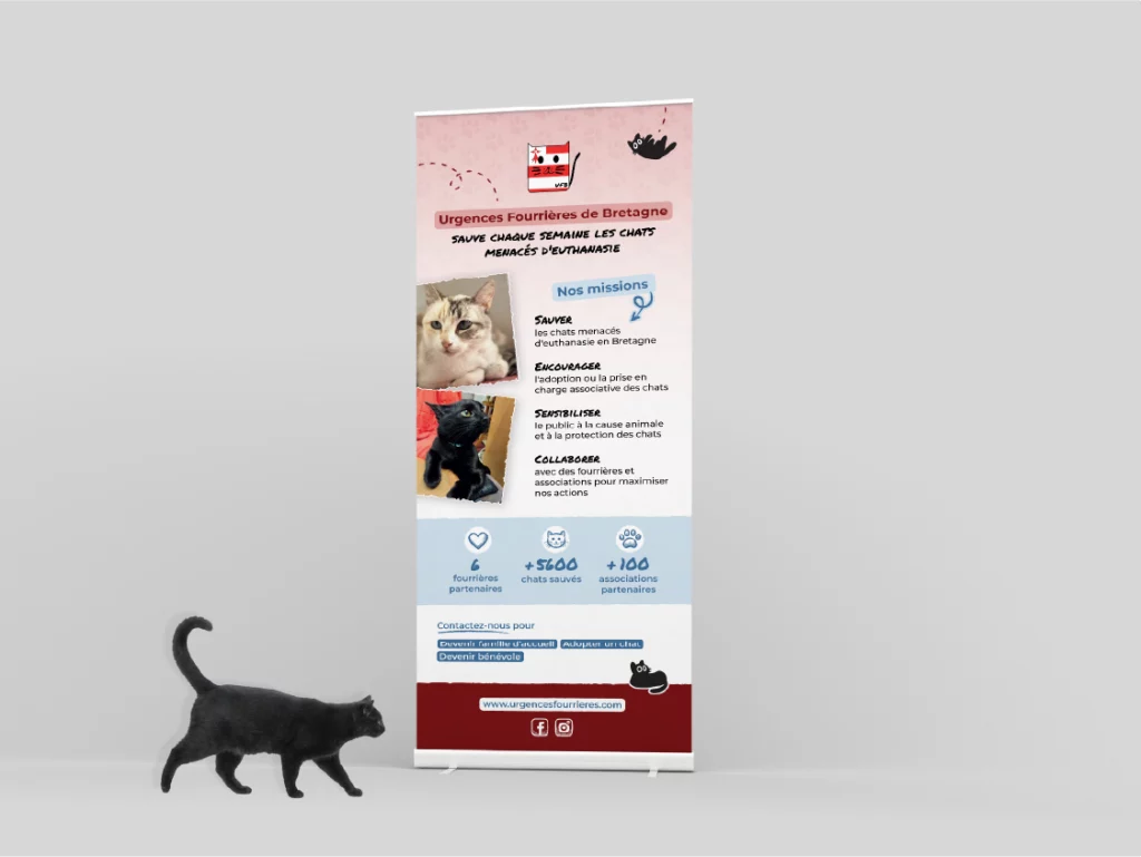 Mockup du roll-up de l'association Urgences Fourrières Bretagne, présentant la mission de sauvetage des chats en fourrière.