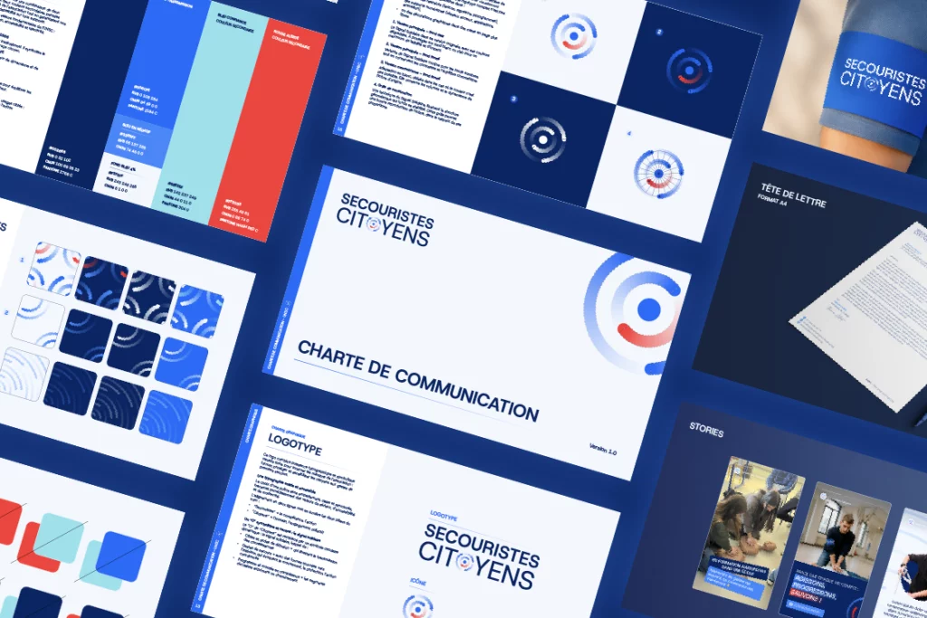 Aperçu des pages de la charte graphique et communication des Secouristes Citoyens.